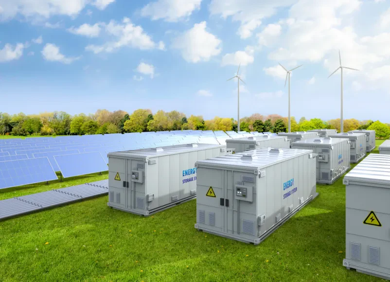 Velik kompleks sistemov za shranjevanje energije v baterijskih kontejnerjih, obdan s poljem sončnih celic in vetrnih turbin. Predstavlja sodobno rešitev za proizvodnjo in shrambo električne energije.