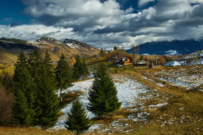 Vasice z lesenimi hišami se razprostirajo po gorskem pobočju, obdane z gostimi borovci in čudovitim razgledom na zeleno dolino.