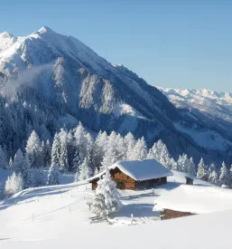 Idilična zimska pokrajina v avstrijskih Alpah s snegom prekritimi gorami in tradicionalno alpsko brunarico, obdano z belo zimsko idilo in jasnim nebom.