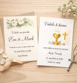 Eleganten izbor vabil za poroke, birme in druge praznične dogodke, poudarja digitalni tisk in kakovost.
