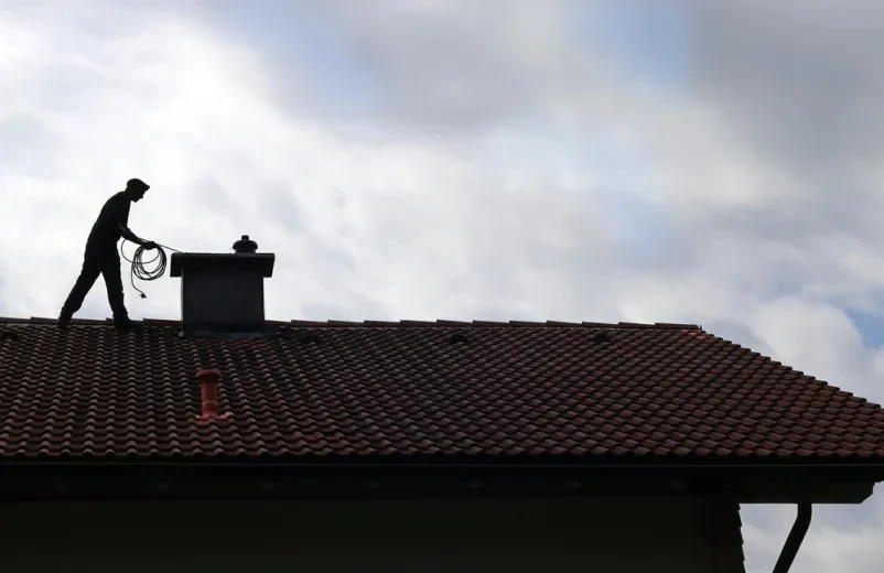 Čiščenje dimnika na strehi Dimnikar z dimnikarsko krtačo in dolgo palico čisti dimnik na strehi stanovanjske hiše, s poudarkom na varnosti pri delu.