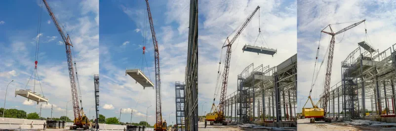 Z žerjavom se na streho skladišča namešča velika hladilna enota. To je primer zahtevne montaže in servisa industrijskih strojev za globalni trg.