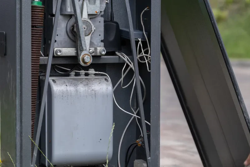 Detajl industrijske elektromehanske opreme z izpostavljenimi mehanskimi deli, kovinskim ohišjem in električnimi napeljavami.