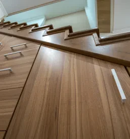 Luksuzna predsoba z elegantnimi lesenimi stopnicami in vgradnimi izvlečnimi omaricami pod njimi. Pametna uporaba prostora za shranjevanje v moderni arhitekturi.