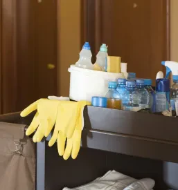 Voziček s čistili in opremo za čiščenje, ki ga pri delu v hotelu uporablja čistilni servis iz Ljubljane.