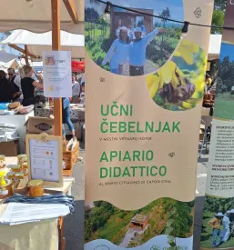 Plakat čebelarskega društva, ki na dogodku opozarja na dejavnosti društva in vabi nove člane.