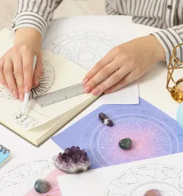 Priprava astrološke analize, na mizi so poleg papirjev še kristali.