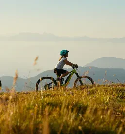 Trije kolesarji uživajo v sproščeni vožnji z e-kolesi po široki makadamski poti, obdani s sončno pokrajino Krasa.