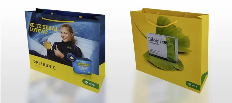 Papirnate vrečke za podjetje Krka Vrsta svetlih papirnatih vrečk z logotipom podjetja Krka, ki predstavljajo personalizirane papirnate vrečke po naročilu Slovenija za farmacevtsko industrijo.