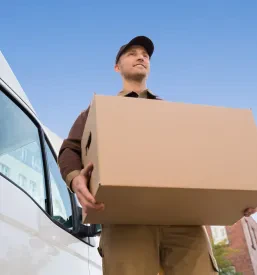 Kurir iz kombija nese večji paket za stranko v Mokronogu,
