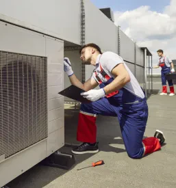 Dva serviserja v delovnih oblekah pregledujeta klimatsko napravo na strehi, opravljata popravilo in vzdrževanje. Montaža in servis klim in toplotnih črpalk Podravska je pomembna za učinkovitost.